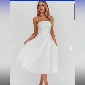 White strapless a-line midi dress